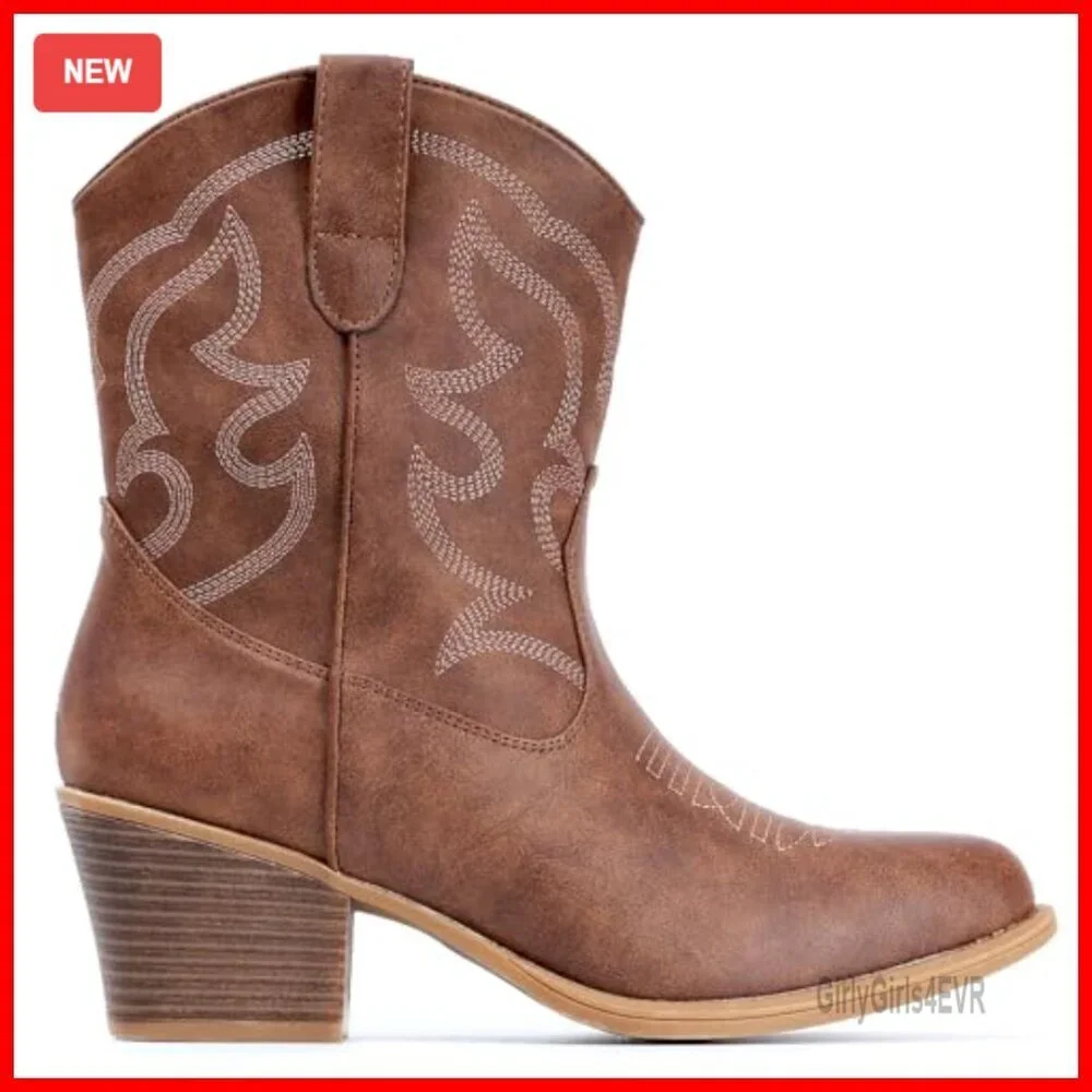 Women's Wide Calf Suede Ankle Western Cowgirl Boots Pointed Toe Chunky